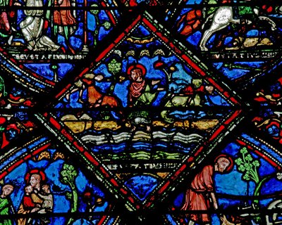 Fenster w21, Szene aus dem Leben des Heiligen Eustachius: Seine Kinder werden von wilden Tieren verschleppt von French School