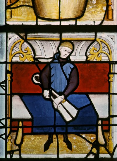 Fenster w25 zeigt einen Tuchhändler bei der Arbeit im Tuchhändlerfenster von French School