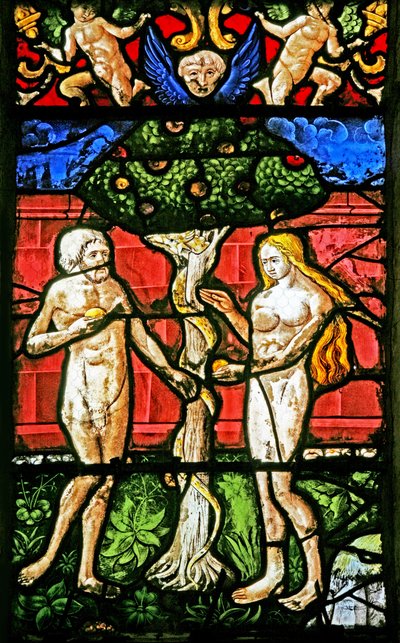 Fenster w2 mit Adam und Eva, die vom Baum der Erkenntnis von Gut und Böse verführt werden von French School