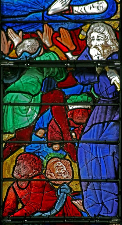 Fenster w4, Beerdigung der Jungfrau Maria und das Stürzen des Sarges (der Junge aus Bourges) von French School