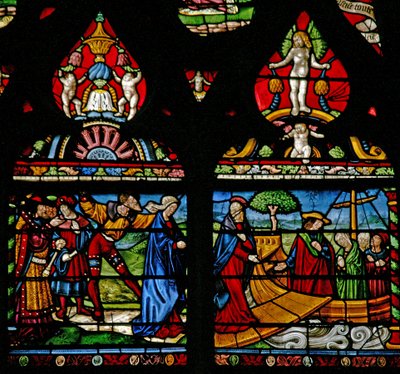 Fenster w6, Darstellung einer Szene aus dem Leben der Hl. Maria Magdalena - sie geht an Bord eines Bootes von French School
