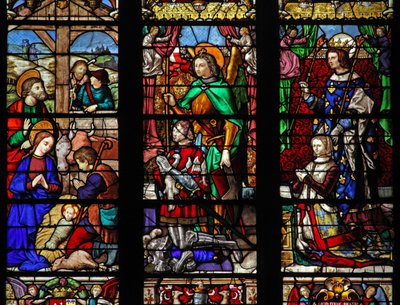 Fenster w6 mit der Geburt Christi und Hirten; Stifter und Schutzheilige von French School