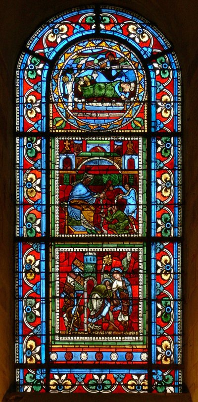 Fenster wXVIII mit 3 Tafeln, die dem Aufstiegsmeister zugeschrieben werden: ein schlafender König; Pilatus, der seine Hände wäscht; Petrus, der von einem Engel aus dem Gefängnis geführt wird von French School