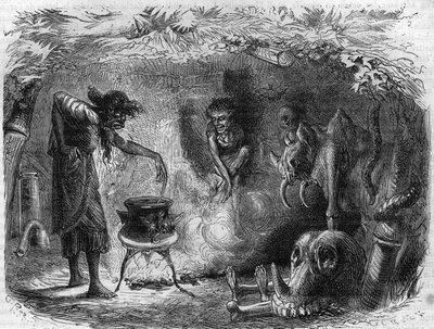 Hexerei: Hexe um einen Kessel, die magische Tränke und Zaubersprüche herstellt. Stich in „Histoire des Papes-Rois-Reines-et-Empereurs à travers les siècles“ von Maurice Lachatre von French School