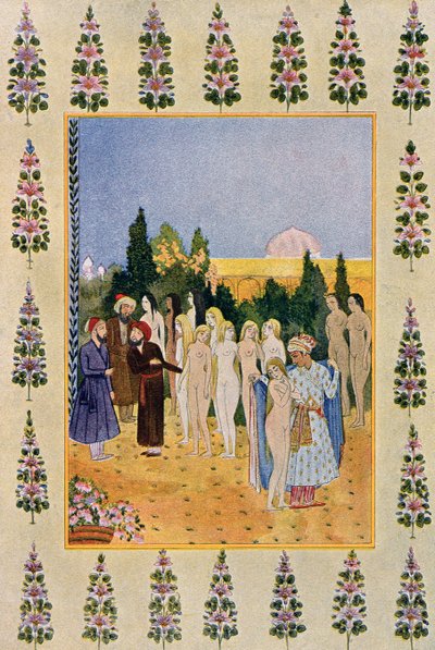 Mit meinem Umhang werde ich ihre Nacktheit schützen, Illustration aus Tausendundeine Nacht, 1895 (Farbstich) von French School
