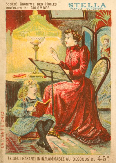 Frau und Kind lesen bei Licht einer Öllampe von French School
