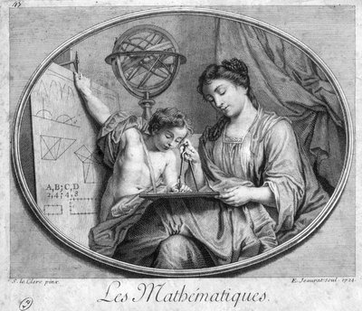 Frau und Kind mit Kompass und Figuren (Allegorie der Mathematik) - Gravur von French School