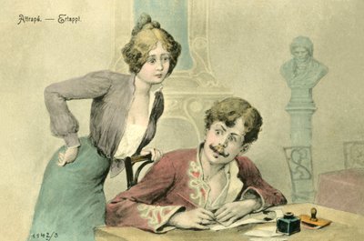 Frau fängt einen Mann beim Briefschreiben von French School