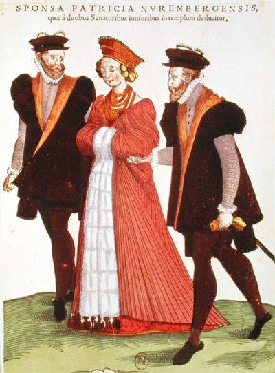 Frau aus Nürnberg wird von zwei Senatoren zum Tempel eskortiert, 1572 von French School
