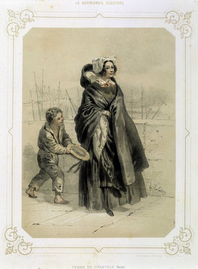 Frau von Granville und junger Bettler - in „Illustriertes Normandie“ (Lithografie) von French School