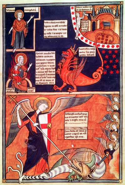 Die Frau der Apokalypse wird vom siebenköpfigen Drachen angegriffen und St. Michael tötet den Drachen, aus Liber Floridus von Lambert de Saint-Omer, ca. 1120 von French School