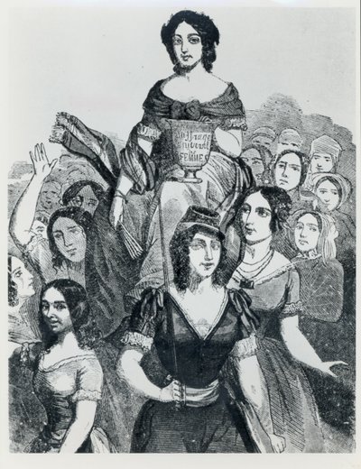 Frauen tragen Jeanne Deroin (1805-94) im Triumph, aus Les Femmes Celebres, Band I, Paris, Mazenod, 1848 von French School