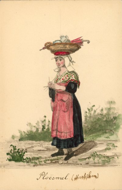 Frauentracht von Ploërmel, Morbihan (Farblithographie) von French School