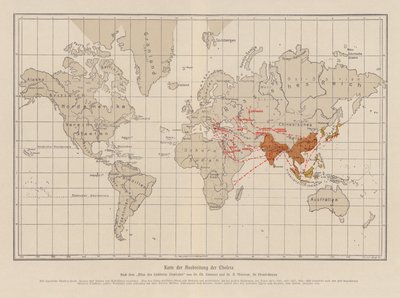 Weltkarte, die die Ausbreitung der Cholera zeigt von French School
