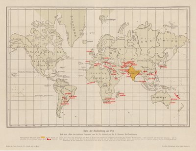Weltkarte, die die Ausbreitung der Pest zeigt (Farblithographie) von French School