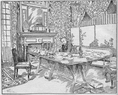 Schriftsteller Alexandre Dumas Jr. (1824-1895) in seinem Arbeitszimmer. Gravur in „La gazette du dimanche“ vom 12. Dezember 1895 von French School