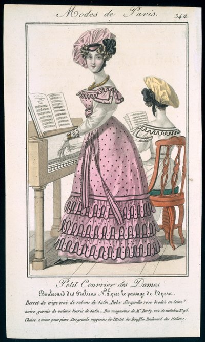 Junge Frau in einem rosa Organdie-Kleid mit schwarzer Verzierung und einem Krepp-Barett mit Satinbändern, Anzeige aus Modes de Paris, ca. 1825 von French School