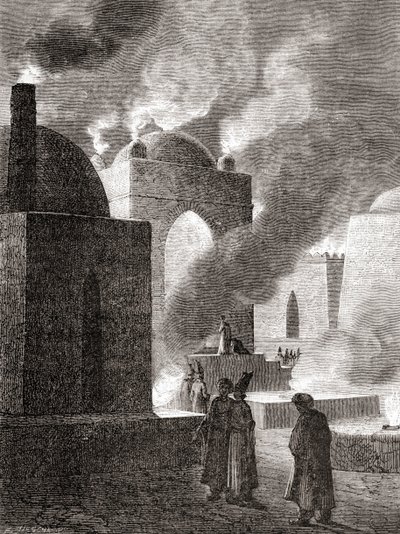 Zoroastrische Feueranbeter in einem Feuertempel in Baku, Aserbaidschan, aus 