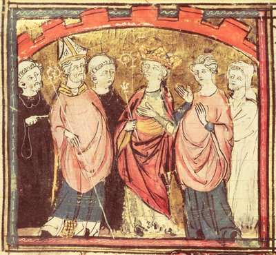 Dagobert I. (605-39), König der Franken, empfängt das Königreich Frankreich, aus den Grandes Chroniques de France, 1375-79 von French School