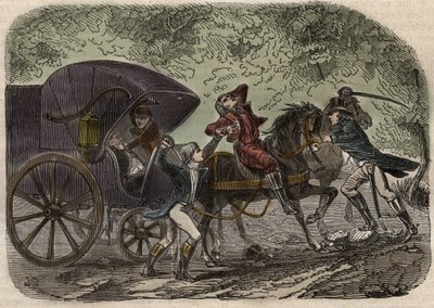 Die Lyoner Postkutschenaffäre - Affaire du courrier de Lyon - die Postkutsche wird am 28. April 1796 in Seine-et-Marne von 5 Personen überfallen - Gravur in „Causes celebres de tous les peuples“ von Armand Fouquier (1817-18?) 1858-1867 - private Sammlung von French School
