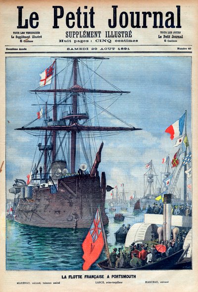 Die französische Flotte in Portsmouth: Flaggschiff „Marengo“, der Aviso-Torpedo „Lance“ und das Schlachtschiff „Marceau“, Titelseite des Petit Journal vom 29. August 1891 (Gravur) von French School