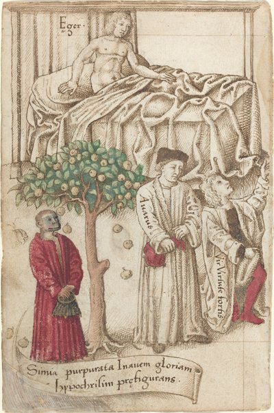 Ein Affe in Purpur mit einem kranken Mann, einem guten Mann und einem Geizhals von French early 16th Century