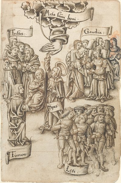 Hoffnung, die nach dem Himmel greift, steht unter traurigen und glücklichen Männern, Freuden und Ängsten (fol. 19 Vorderseite) von French early 16th Century