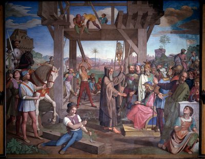 Erster Kreuzzug: Vorbereitungen zum Angriff auf Jerusalem. Darstellung von Godefroy de Bouillon, sitzend vor Peter dem Einsiedler (Fresko) von Friedrich Overbeck