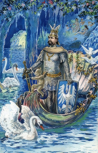 König Ludwig II. als Lohengrin in der Blauen Grotte von Schloss Linderhof. Um 1900 von Fritz Bergen