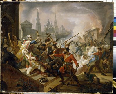 Bauernkrieg in Russland 1773-1775: Die Schlacht von Kasan im Juli 1774, Szene des Aufstands von Emelian Pugatschow von Fyodor Antonovich Molier