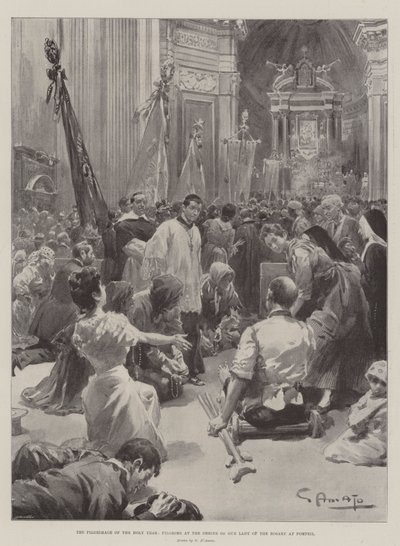 Die Wallfahrt des Heiligen Jahres, Pilger am Schrein Unserer Lieben Frau vom Rosenkranz in Pompeji von G.S. Amato