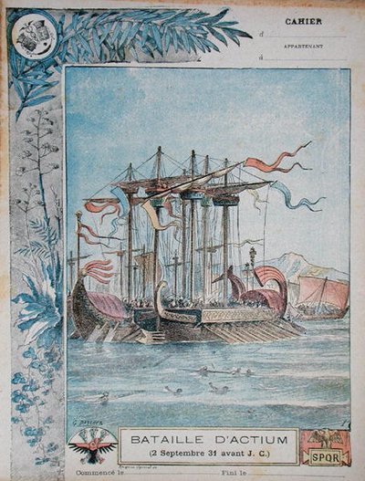 Deckblatt eines Schulheftes, das die Schlacht von Actium am 2. September 31 v. Chr. darstellt, ca. 1900 von G. Dascher