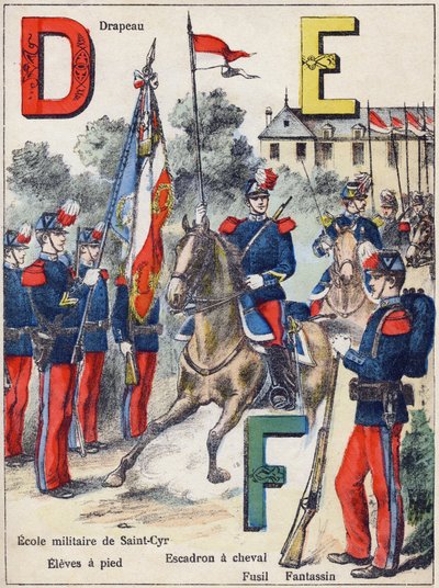 Buchstaben D E F: Flagge, Militärschule von Saint-Cyr (Saint Cyr), Schüler zu Fuß, Pferdeeskadron, Gewehr und Infanterist, ca. 1900 von G. Dascher