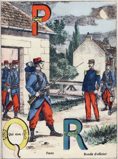 Buchstaben P Q und R: Post, Qui vive! und Offiziersrunde. Gravur in "Alphabet militaire", Grand-Bebe-Serie. Gravur. Pont-a-Mousson Imaging. Louis Vagne, Drucker-Verleger, um 1900. Illustrationen von G. Dascher. 20 Seiten. Dim: 31,5x24,5cm von G. Dascher