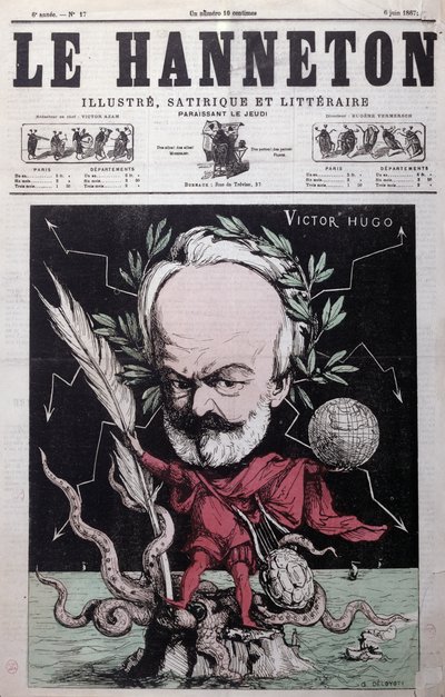 Karikatur von Victor Hugo (1802-85) als Zeus im Exil auf Guernsey vom Titelblatt von Le Hanneton, Juni 1867 von G. Deloyoti