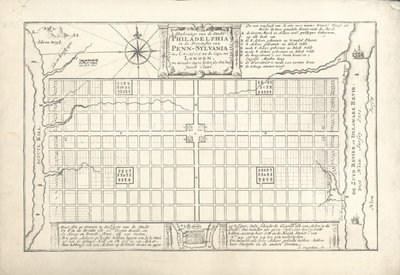 Der erste Plan für Philadelphia, entworfen von William Penn und Thomas Holme im Jahr 1682, 1684 von G. Drogenham