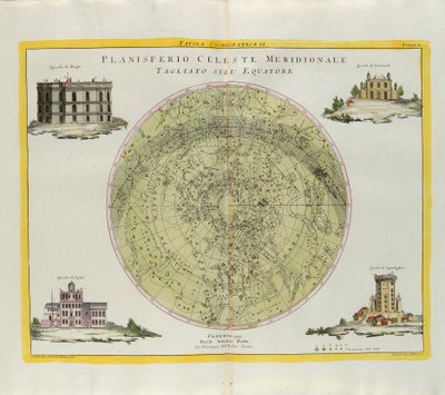 Kosmographische Platte des südlichen Himmelsplanisphären, am Äquator geschnitten, Gravur von G. Zuliani aus Band I des Neuesten Atlas, veröffentlicht in Venedig 1777 von Antonio Zatta von G. Zuliani