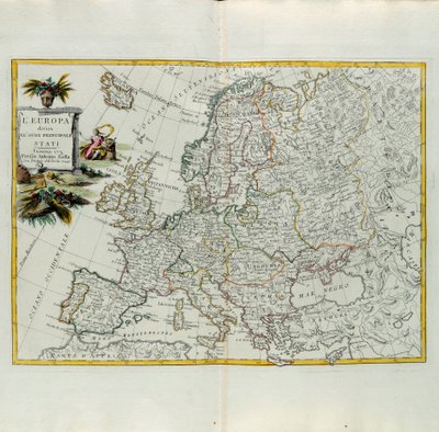 Europa aufgeteilt in seine Hauptstaaten, Stich von G. Zuliani aus Band I des Neuesten Atlas, veröffentlicht in Venedig 1776 von Antonio Zatta, Privatsammlung von G. Zuliani