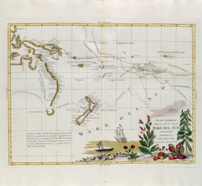Neue Entdeckungen in den Jahren 1775, 67 und 69 in den Südmeeren, Stich von G. Zuliani aus Band I des Neuesten Atlas, veröffentlicht in Venedig 1776 von Antonio Zatta, Privatsammlung von G. Zuliani