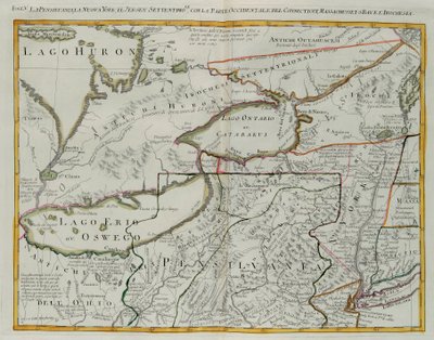 Pennsylvania, New York, südliches New Jersey, mit dem westlichen Teil von Connecticut, Massachusetts Bay und Land der Irokesen, Stich von G. Zuliani aus Band I des "Neuesten Atlas" veröffentlicht in Venedig 1778 von Antonio Zatta, Privatsammlung von G. Zuliani
