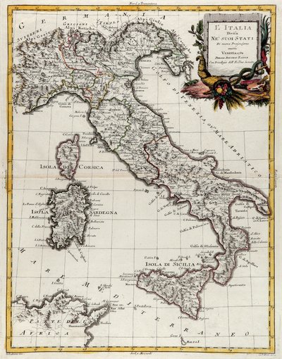 Politische Karte von Italien, Kupferstich von G. Zuliani aus Band II des "Neuesten Atlas" veröffentlicht in Venedig 1782 von Antonio Zatta, Privatsammlung von G. Zuliani