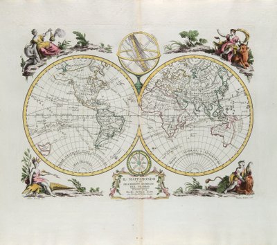 Weltkarte und allgemeine Beschreibung des Globus, Gravur von G. Zuliani aus Band I des Neuesten Atlas, veröffentlicht in Venedig 1774 von Antonio Zatta von G. Zuliani