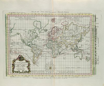 Weltkarte und allgemeine Beschreibung des Globus, reduziert auf ein Bild, Stich von G. Zuliani aus Band I des "Neuesten Atlas" veröffentlicht in Venedig 1774 von Antonio Zatta von G. Zuliani