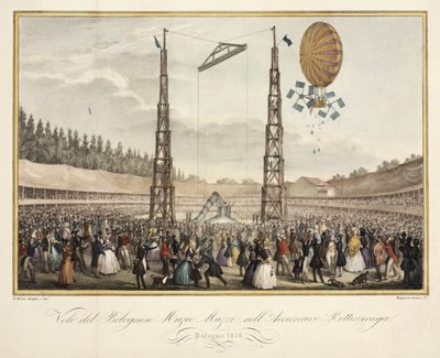 Flucht des Bologneser Muzio Muzzi (1809-46) im Luftschiff Retirremiga, 1838 von G. after Meloni