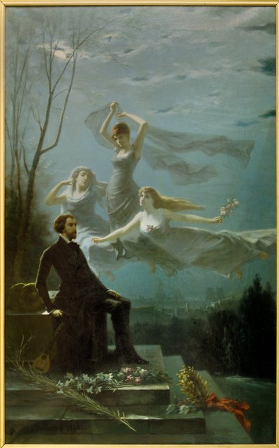 Romantik: „Die Nächte von Musset“. Der französische Dichter Alfred de Musset (1810-1857) wird von den Musen zur Niederschrift von „Die Nächte“ inspiriert. Gemälde von Gabriel Aimable de la Foulhouze (1825-1887). 1886. Öl auf Leinwand. Clermont-Ferrand von Gabriel Amable de Lafoulhouze