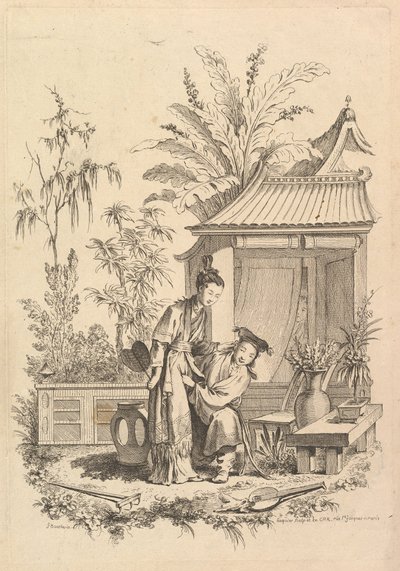 Chinoiserie-Szene mit Figuren in einer Landschaft, 18. Jahrhundert von Gabriel Huquier