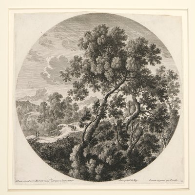 Landschaft mit zwei Reisenden und einer Burg; und Hirte, Schafe und Rinder in einer Landschaft, aus einer Serie von sechs Landschaften von Gabriel Perelle