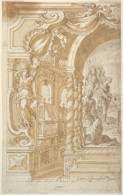 Entwurf für eine illusionistische Wanddekoration, mit einem König begleitet von Soldaten von Gaetano Lazzara