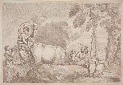 Eine Frau mit zwei Kindern zu Pferd von Gaetano Zompini, after Giovanni Benedetto Castiglione