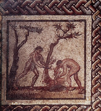 Gallorömische Kunst: Mosaikpflaster, das einen rustikalen Kalender darstellt. Szene des Dachdeckens. Ende 2. Anfang 3. Jahrhundert n. Chr. Aus Saint-Romain-en-Gal (Rhône). Saint Germain en Laye, Nationalmuseum für Archäologie von Gallo Roman
